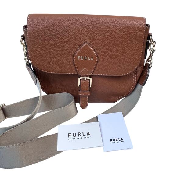 Furla Urania Pebbled Leather Crossbody Bag - NWOT- Cognac- w/ Authenticity Card - Picture 1 of 16